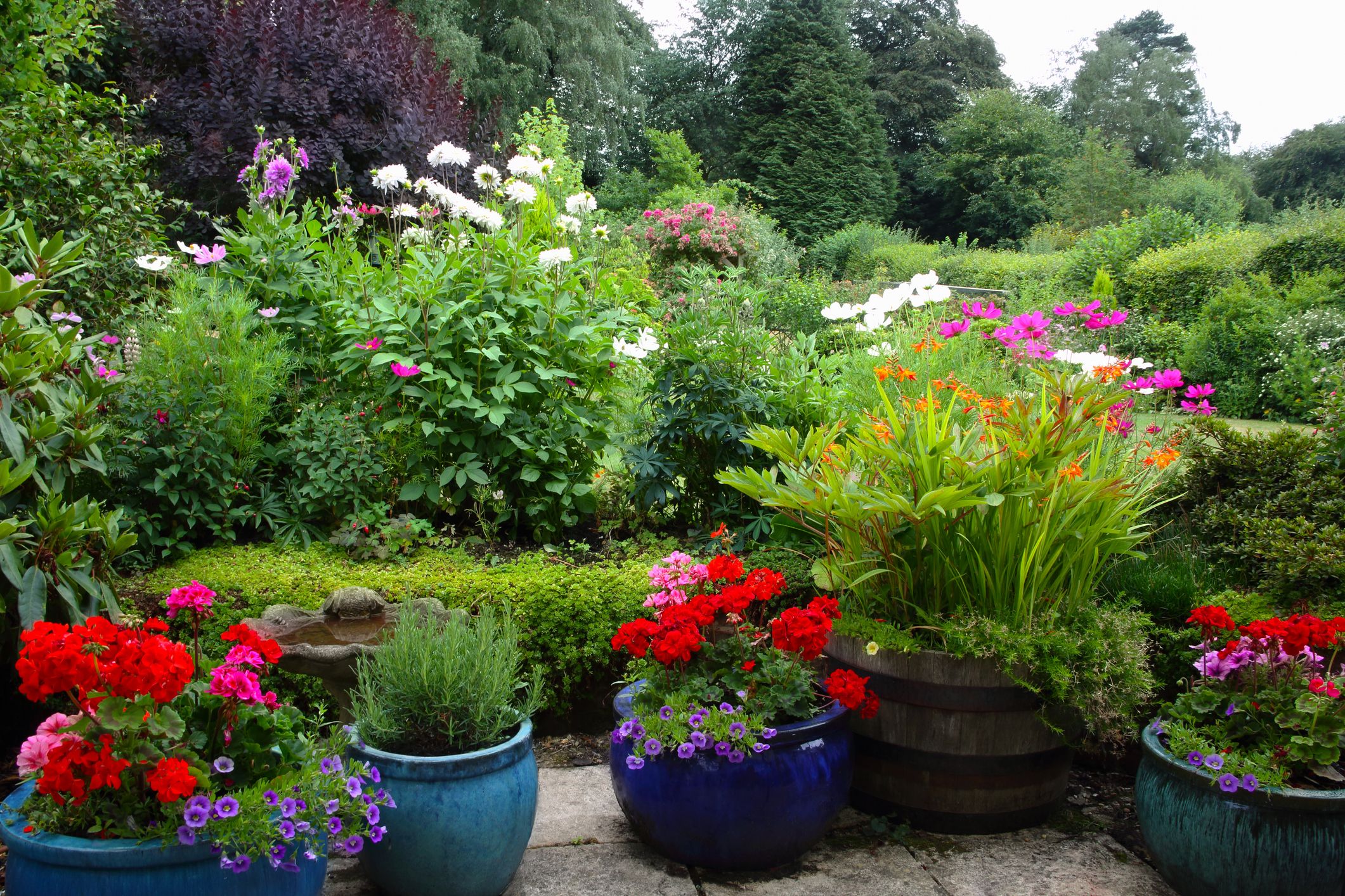 using pots in flower beds
