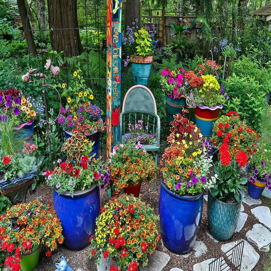 using pots in flower beds