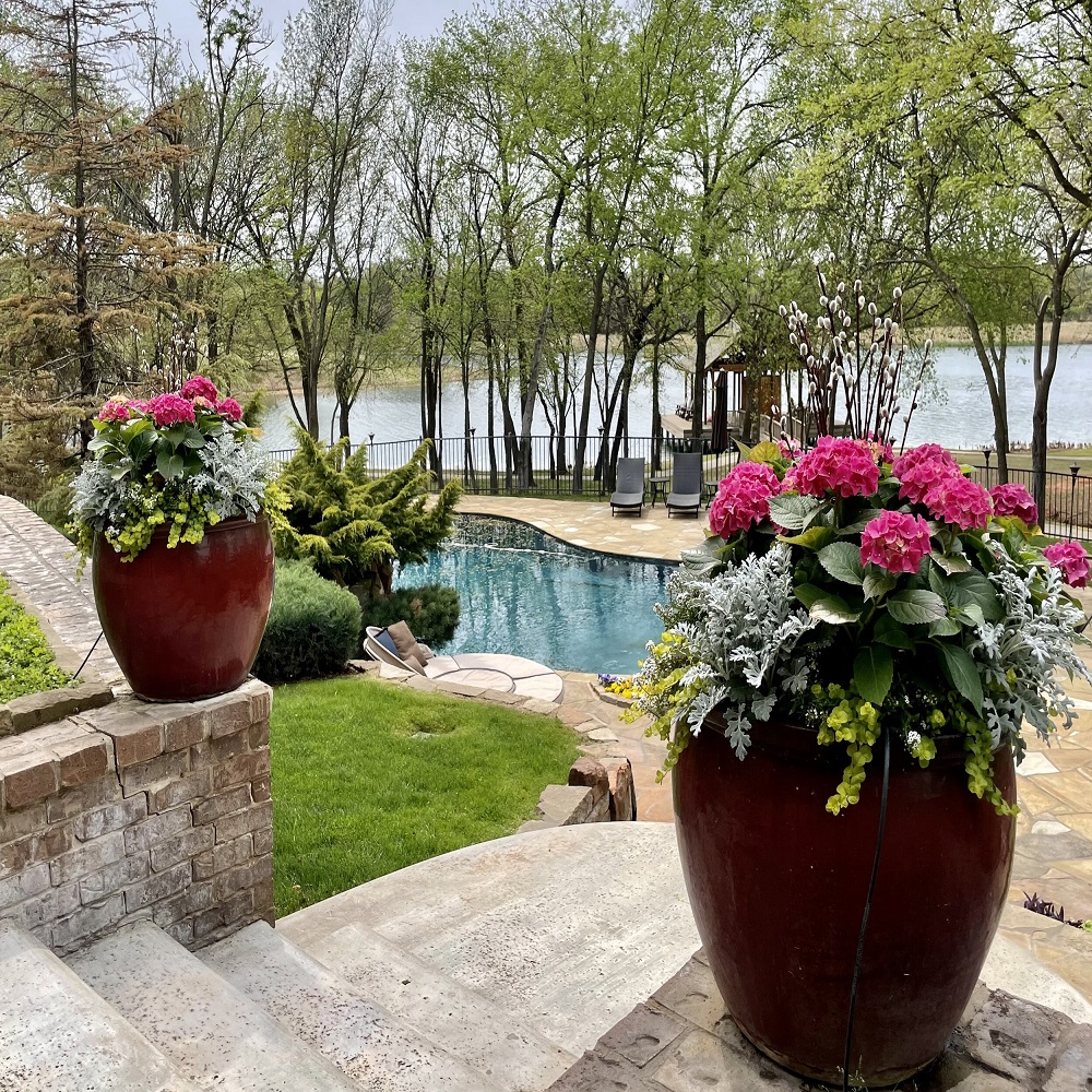 flower pots around pool