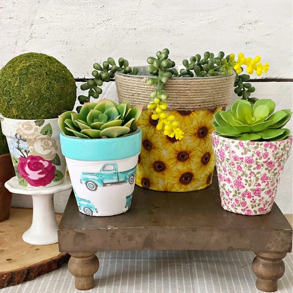 how to decorate flower pots with fabric